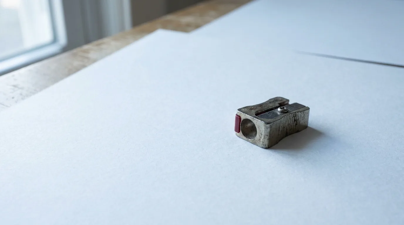Um apontador de metal pequeno sozinho numa superfície de papel claro e frio, sob a luz calma de manhã cedo que entra pela esquerda, com sombra macia caindo pra direita e o vermelho de revisão como única cor viva