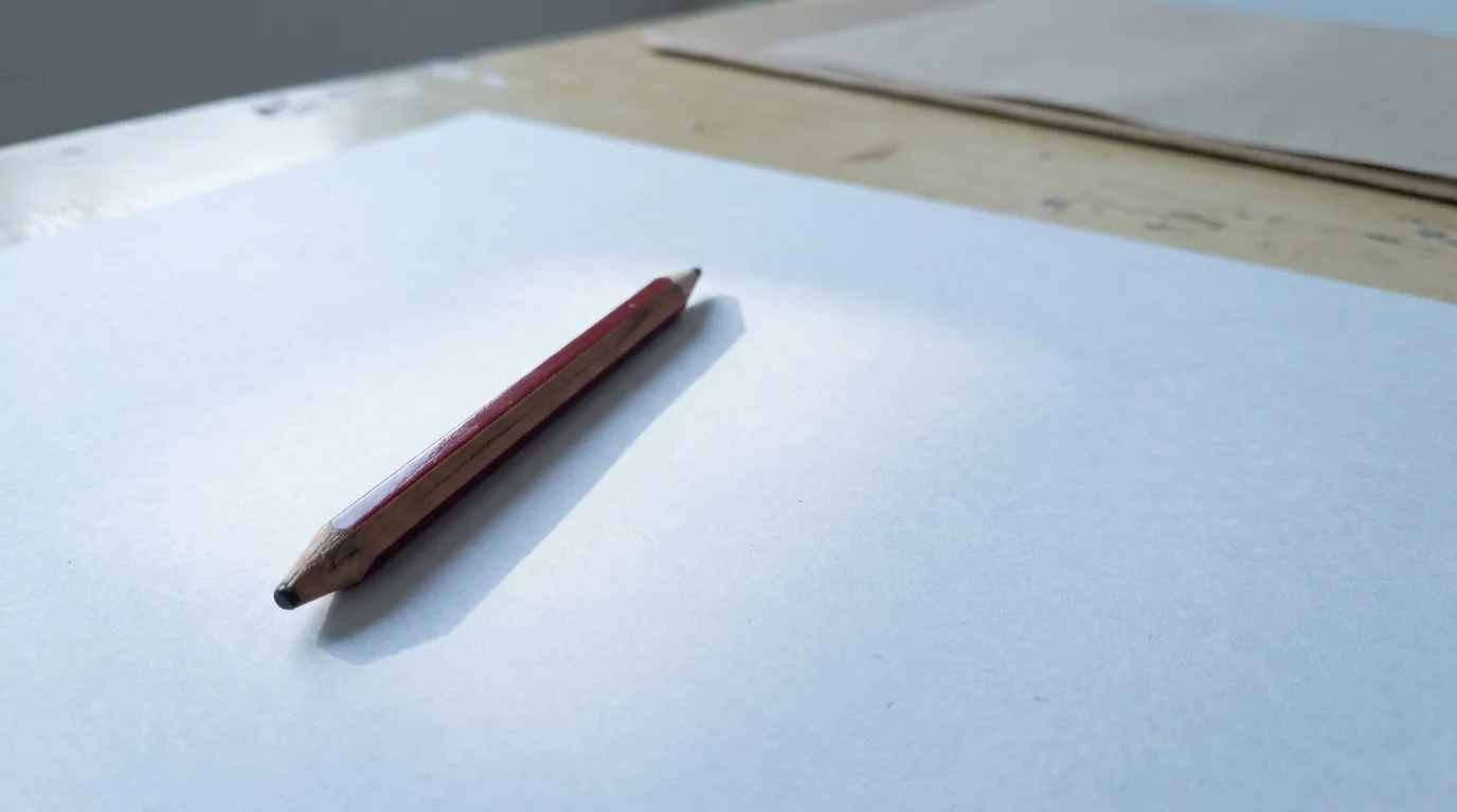 Um lápis apontado com a ponta gasta, sozinho numa superfície de papel claro e frio, sob a luz calma de manhã cedo que entra pela esquerda, com sombra macia caindo pra direita e o vermelho de revisão como única cor viva