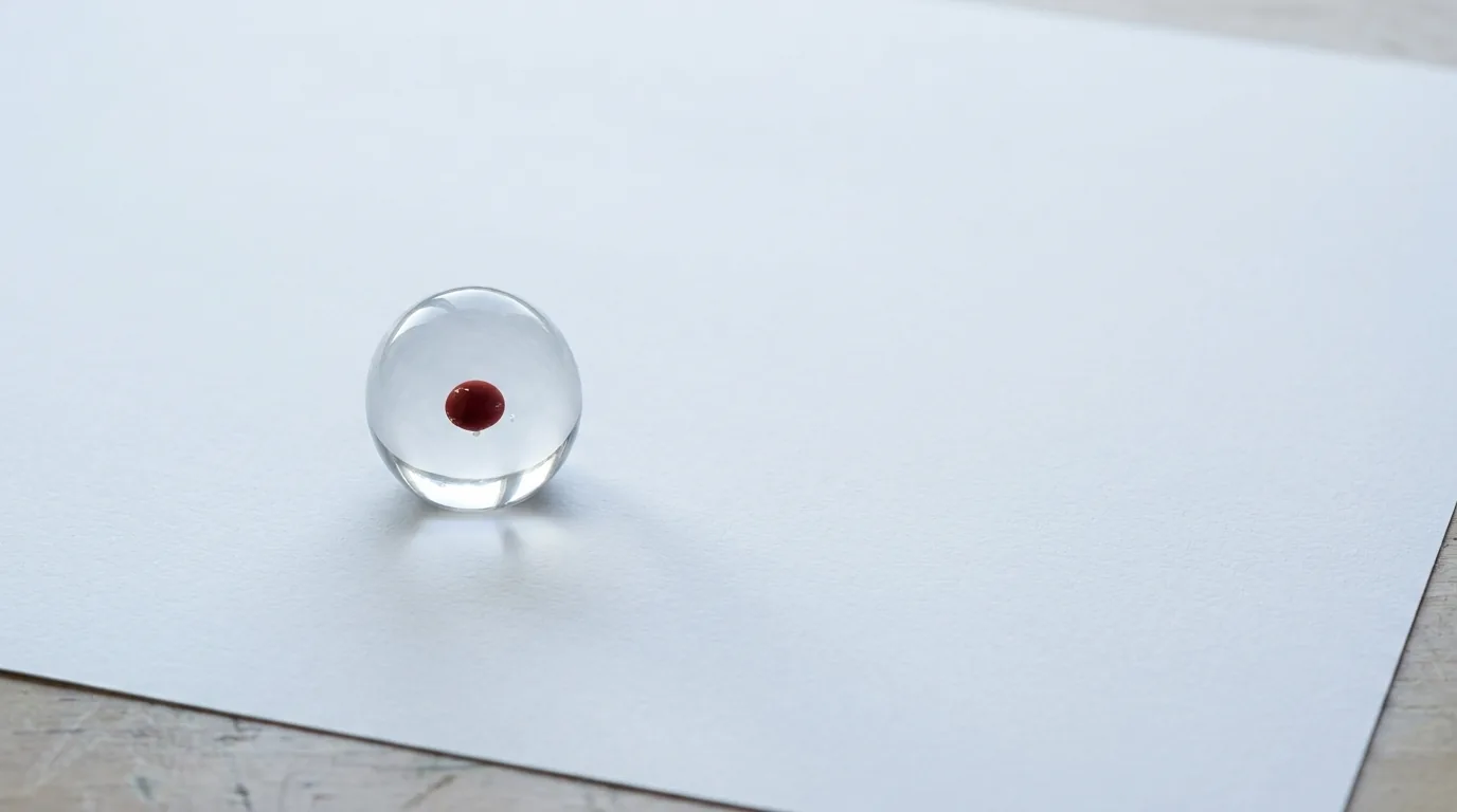 Um pesa-papel de vidro liso sozinho numa superfície de papel claro e frio, sob a luz calma de manhã cedo que entra pela esquerda, com sombra macia caindo pra direita e o vermelho de revisão como única cor viva