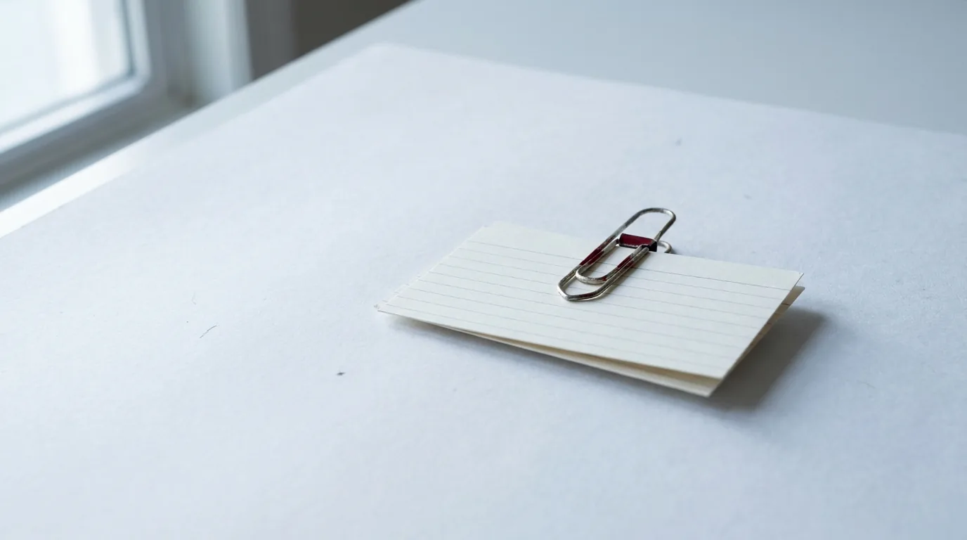 Um clipe de papel prendendo um maço de fichas pautadas, sozinho numa superfície de papel claro e frio, sob a luz calma de manhã cedo que entra pela esquerda, com sombra macia caindo pra direita e o vermelho de revisão como única cor viva