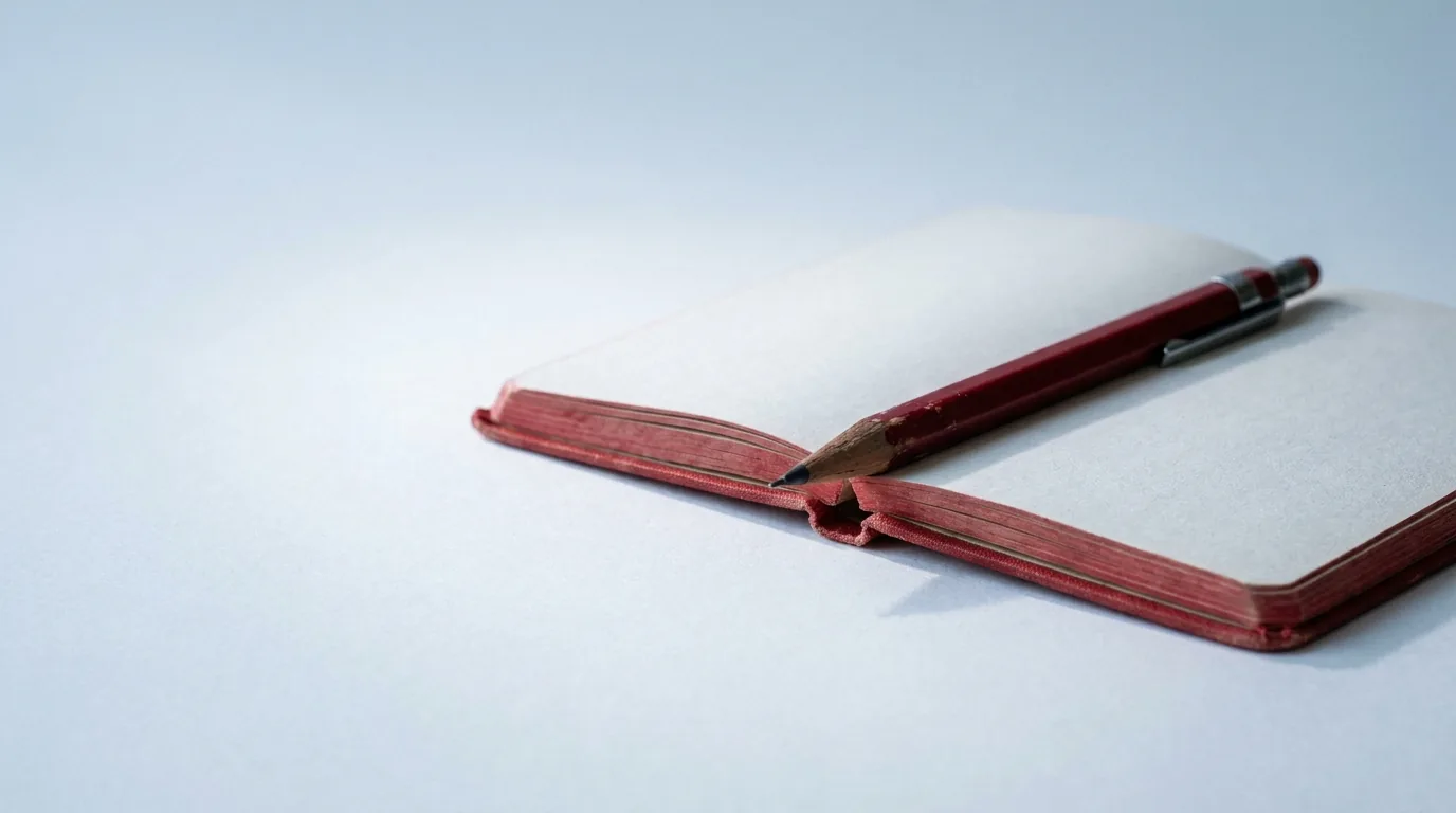 Uma caneta vermelha de revisor descansando na dobra de um caderno de margem vermelha, sem nada riscado, sozinha numa superfície de papel claro e frio, sob a luz calma de manhã cedo que entra pela esquerda, com sombra macia caindo pra direita e o vermelho de revisão como única cor viva