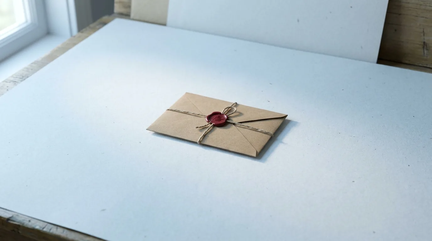 Um envelope pardo pequeno, fechado e sem endereço, sozinho numa superfície de papel claro e frio, sob a luz calma de manhã cedo que entra pela esquerda, com sombra macia caindo pra direita e o vermelho de revisão como única cor viva